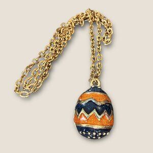 Vintage Gold Enamel  Easter Egg Pendant Necklace 14k Gold Plated Chain